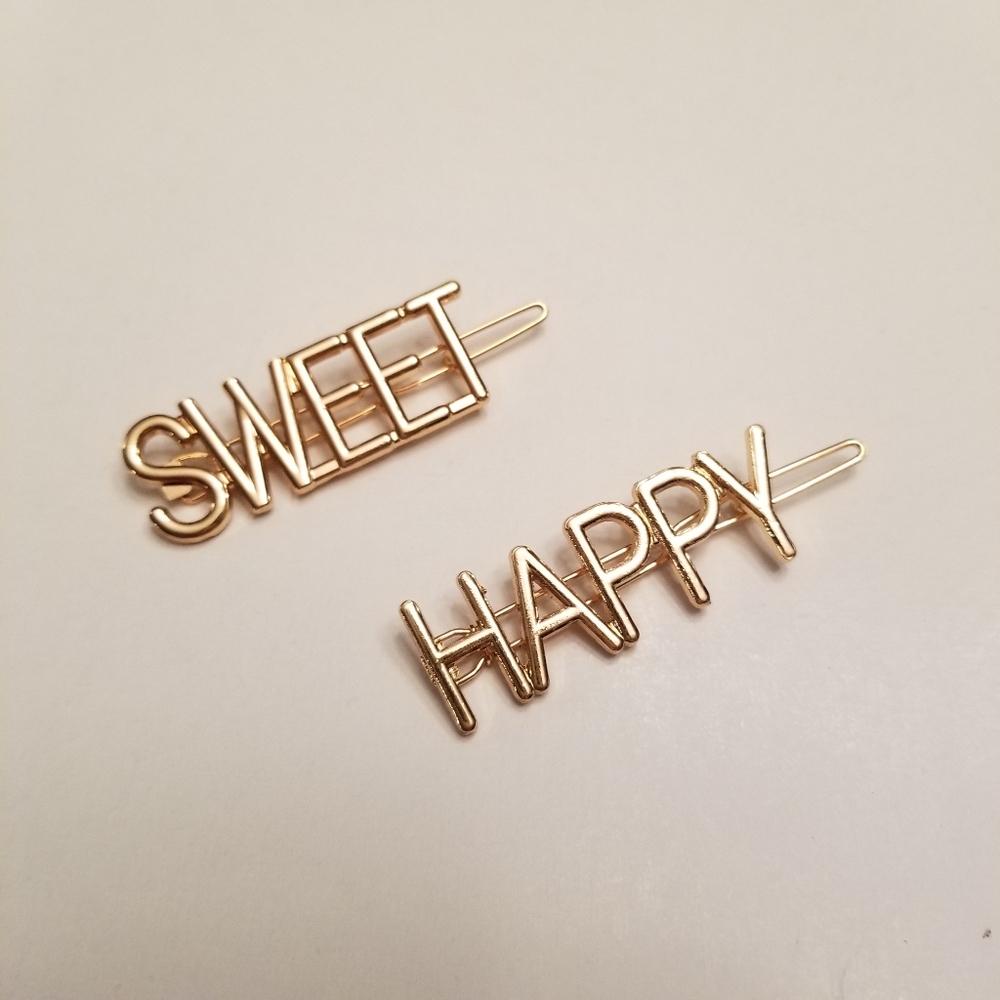 Gold Tone "Sweet" & "Happy" Barrettes